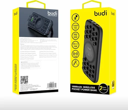 پاوربانک بودی 10000 میلی آمپر وایرلس شارژ 20 وات مدل Budi PB099B