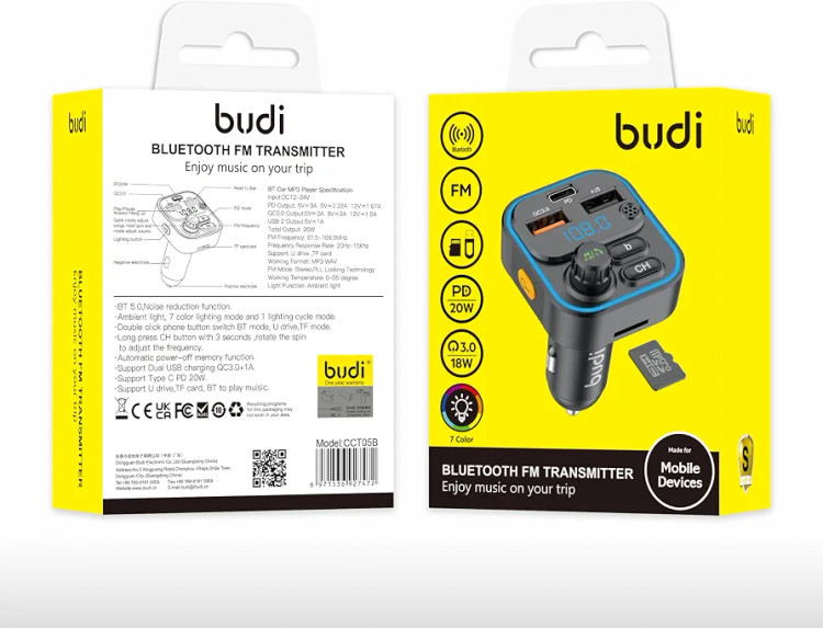 شارژر فندکی فست شارژ ماشین بودی(budi) مدلCCT05B و گیرنده بلوتوث خودرو