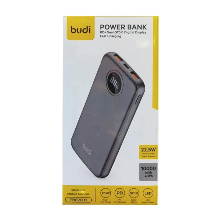 پاور بانک ۲۲.۵ وات بودی (budi)مدلPB820B1 ظرفیت ۱۰۰۰۰ میلی آمپر ساعت